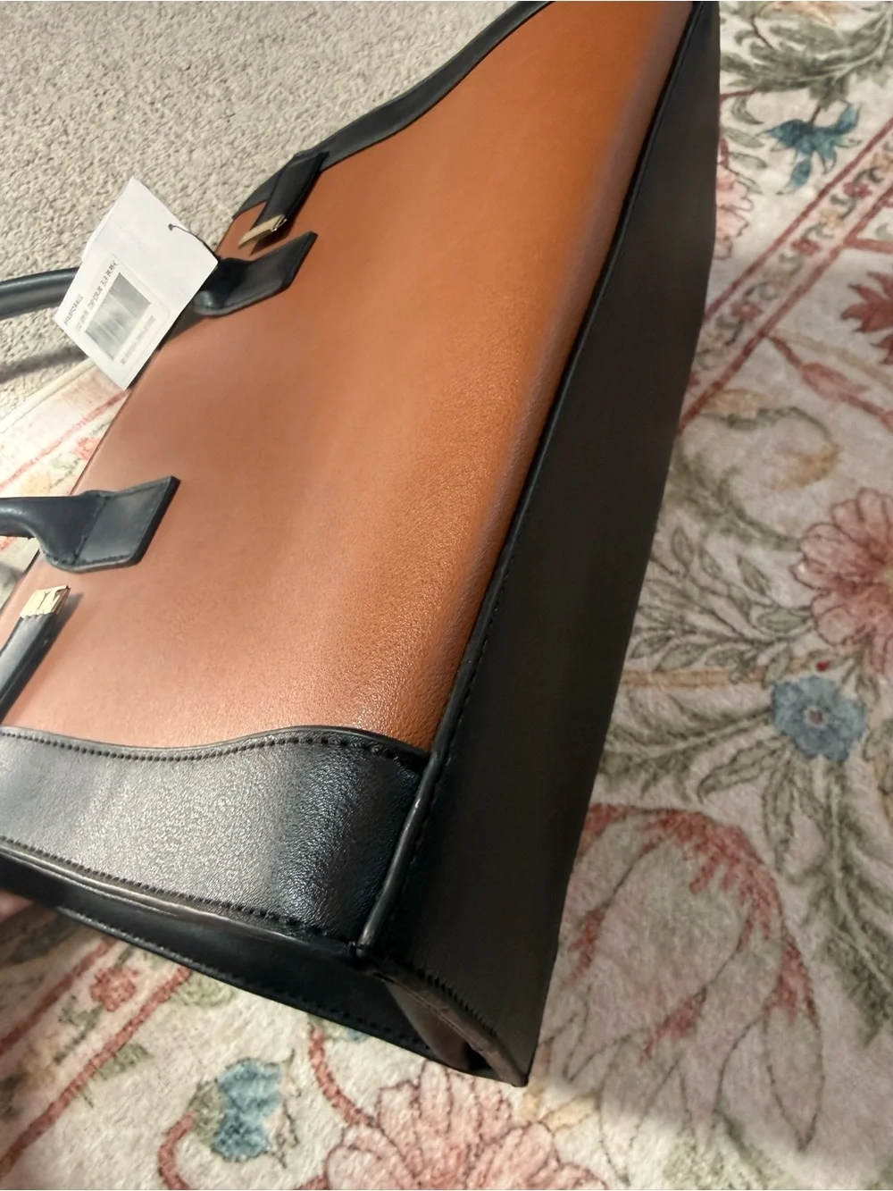 JustFab Tan and Black Structured Satchel with Gold Accent